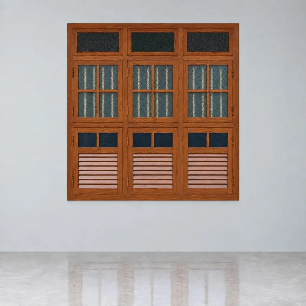 Wood-Finish Steel Window — Ventilator, Glass & Louvre — SECURE steel steel window